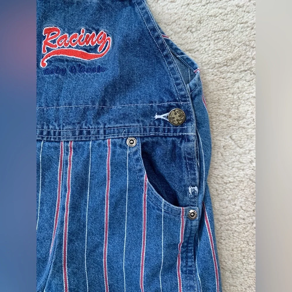 Vintage OshKosh Size 18 Months Racing Pinstripe Denim Shortalls Bib Overalls